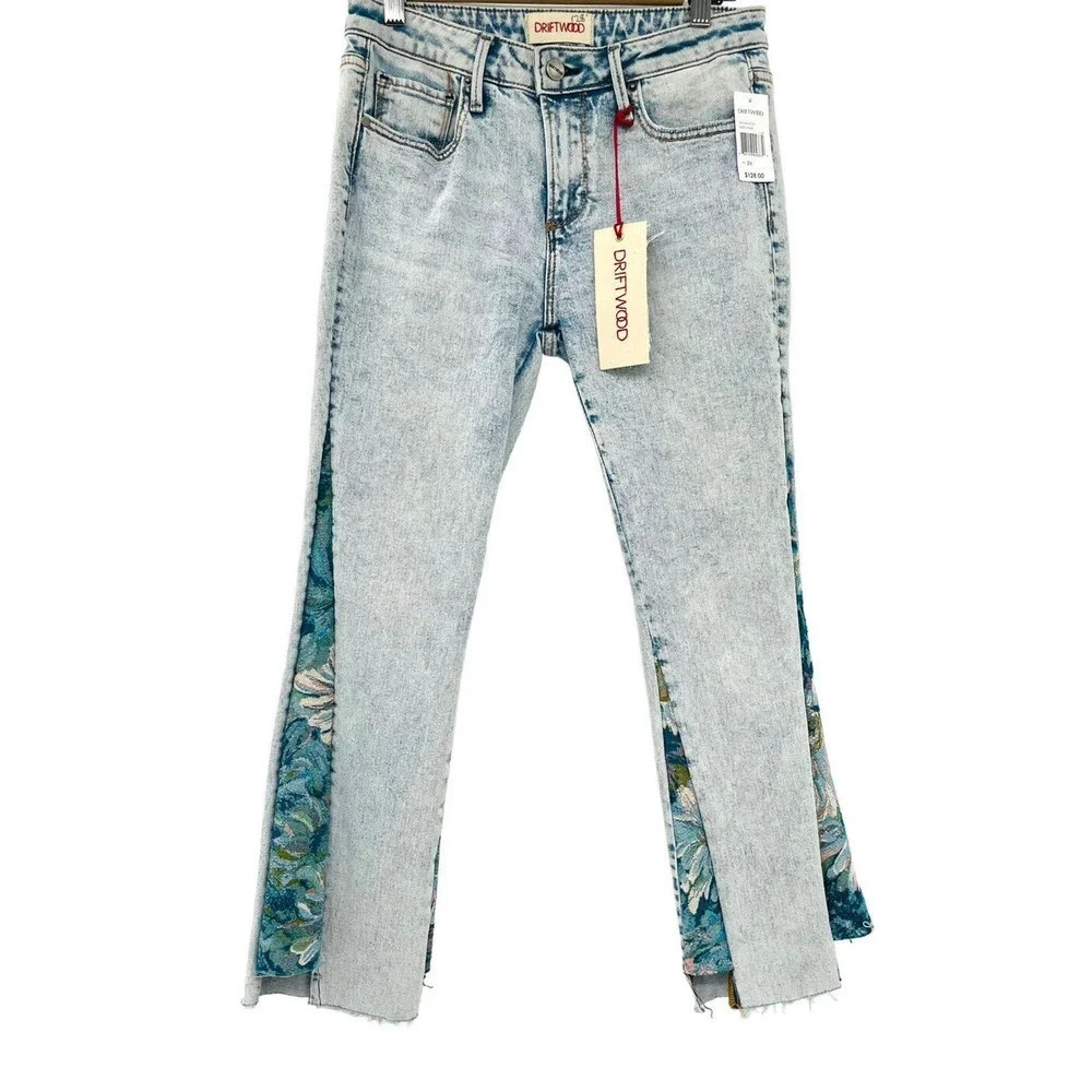 Driftwood Cropped Jeans Size 26 Indie Boho Paradise Tapestry Inserts Acid Wash - Picture 2 of 16